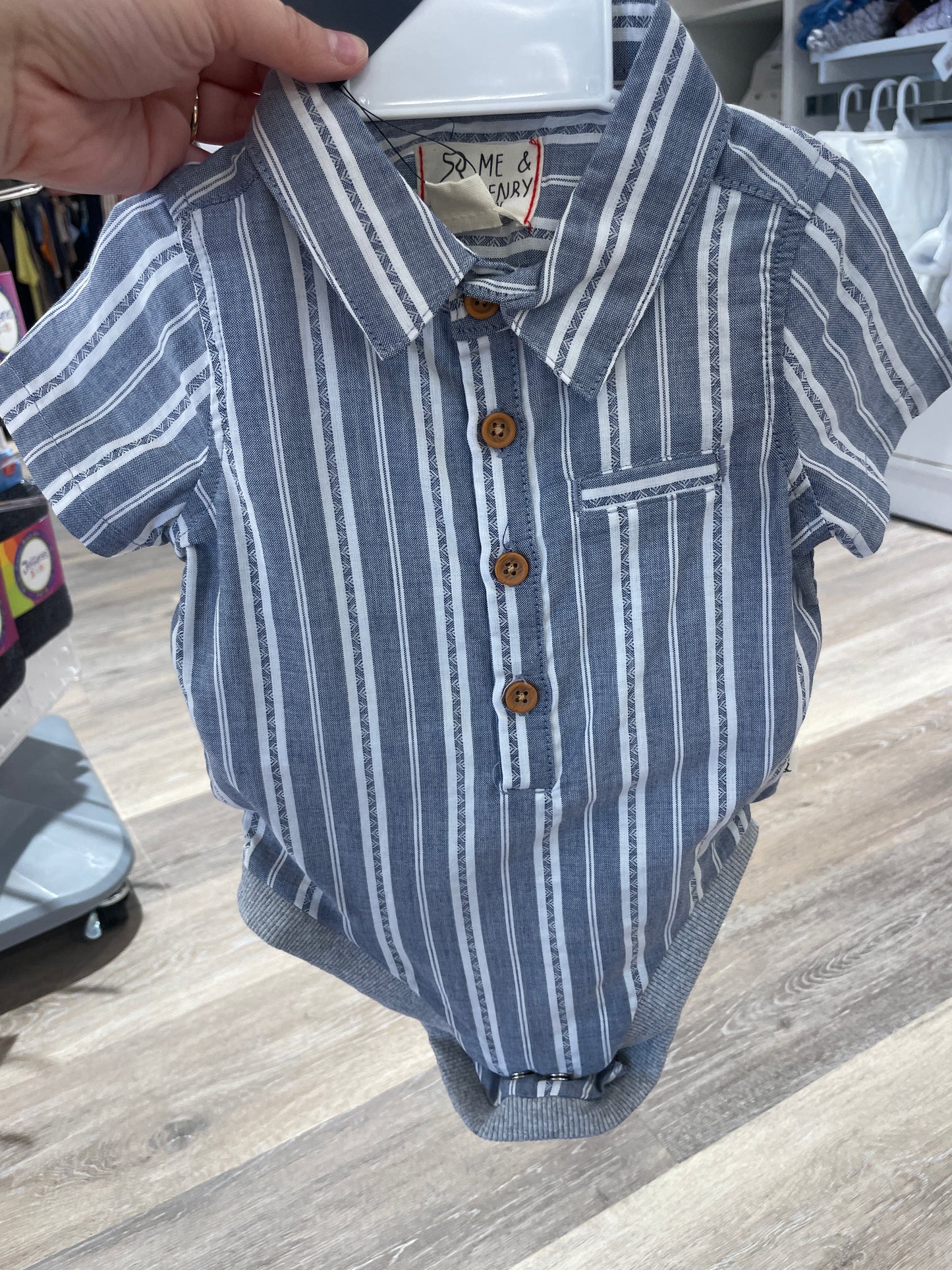BLUE/WHITE STRIPED WOVEN ONESIE