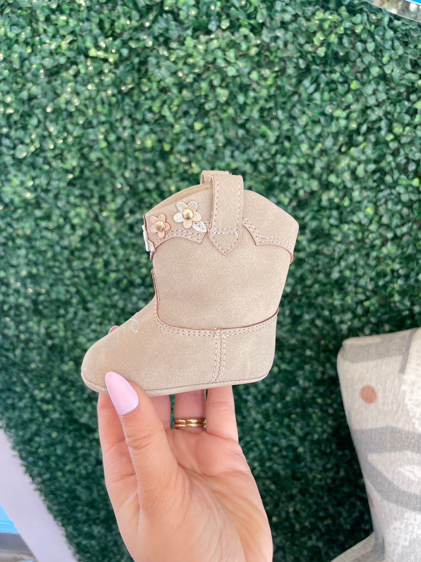 TAUPE DISTRESSED PU TALL WESTERN BOOT W/MULTI-COLOR FLOWERS