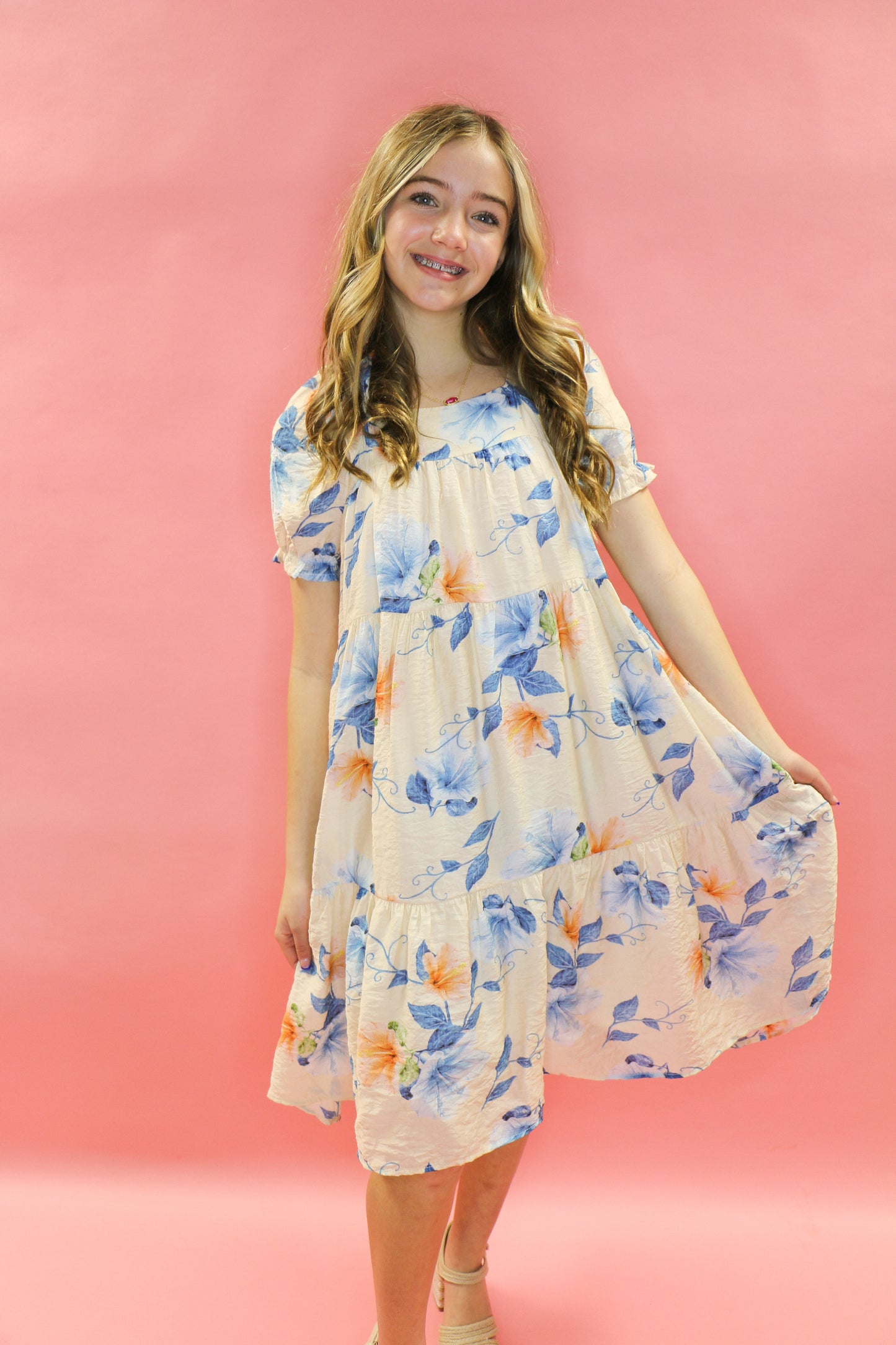 Watercolor Floral Ruffled Shoulder Dress