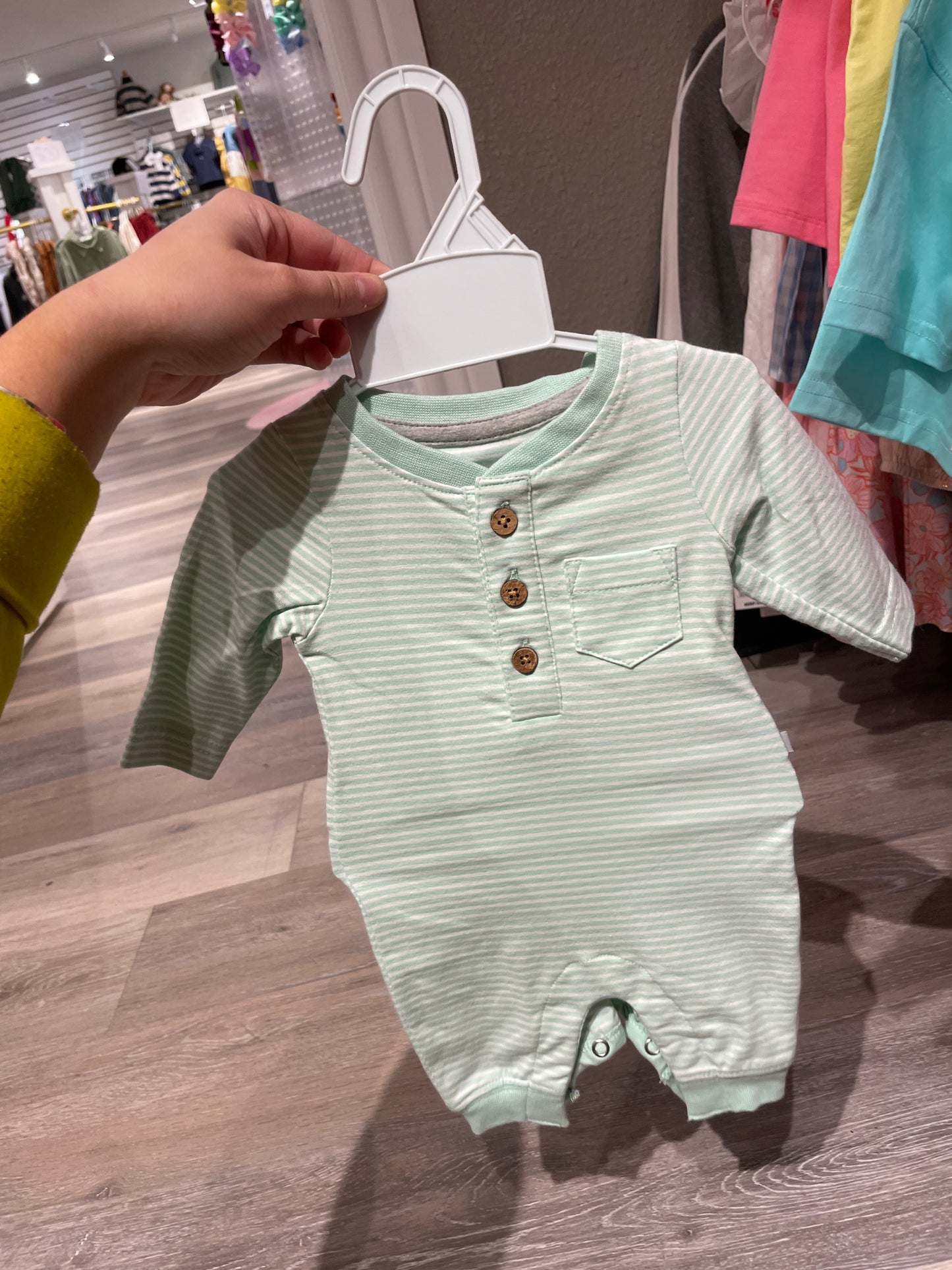 TINY MINT STRIPE KNIT HENLEY POCKET ROMPER