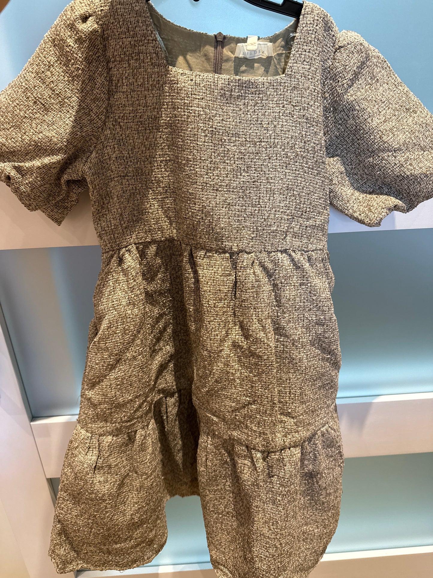 Girls Square Neck Textured Knit Bubble Sleeve Dress