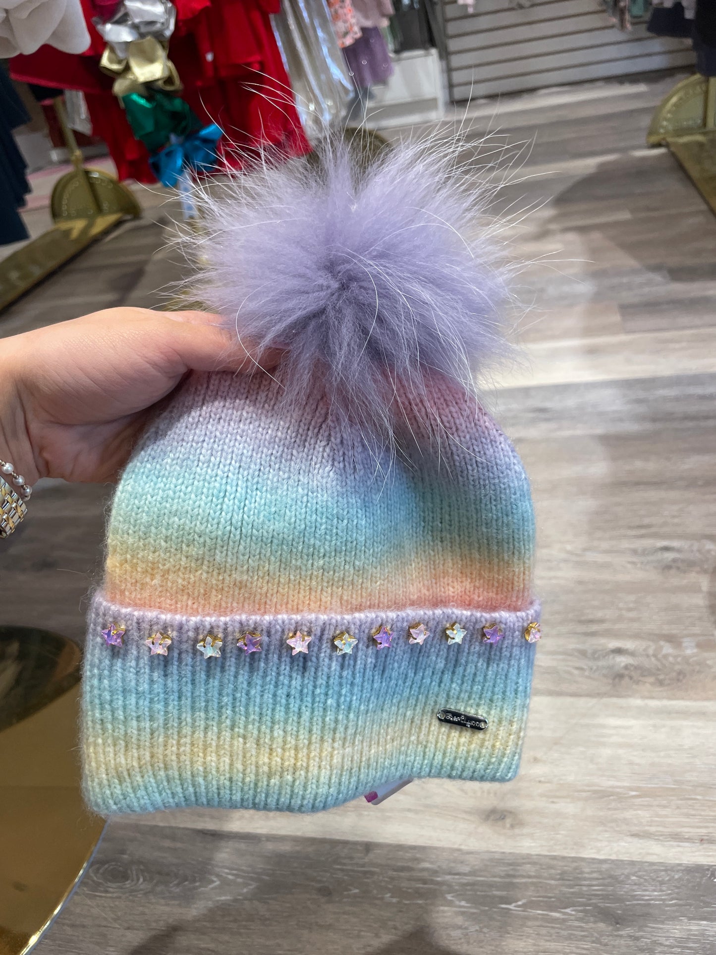 Star Jeweled Ombre Beanie W/ Fur Pom