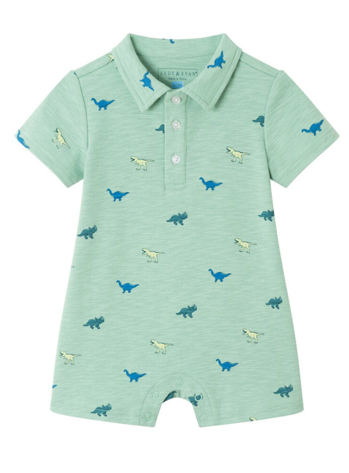 Light Green Dinosaur Print Polo Romper