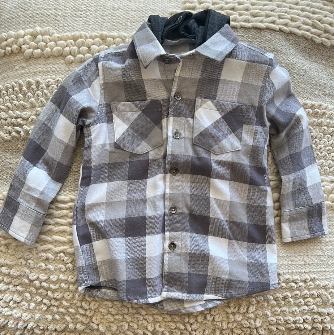 SMOKEY GRAY PLAID HOODED BUTTON DOWN SHIRT