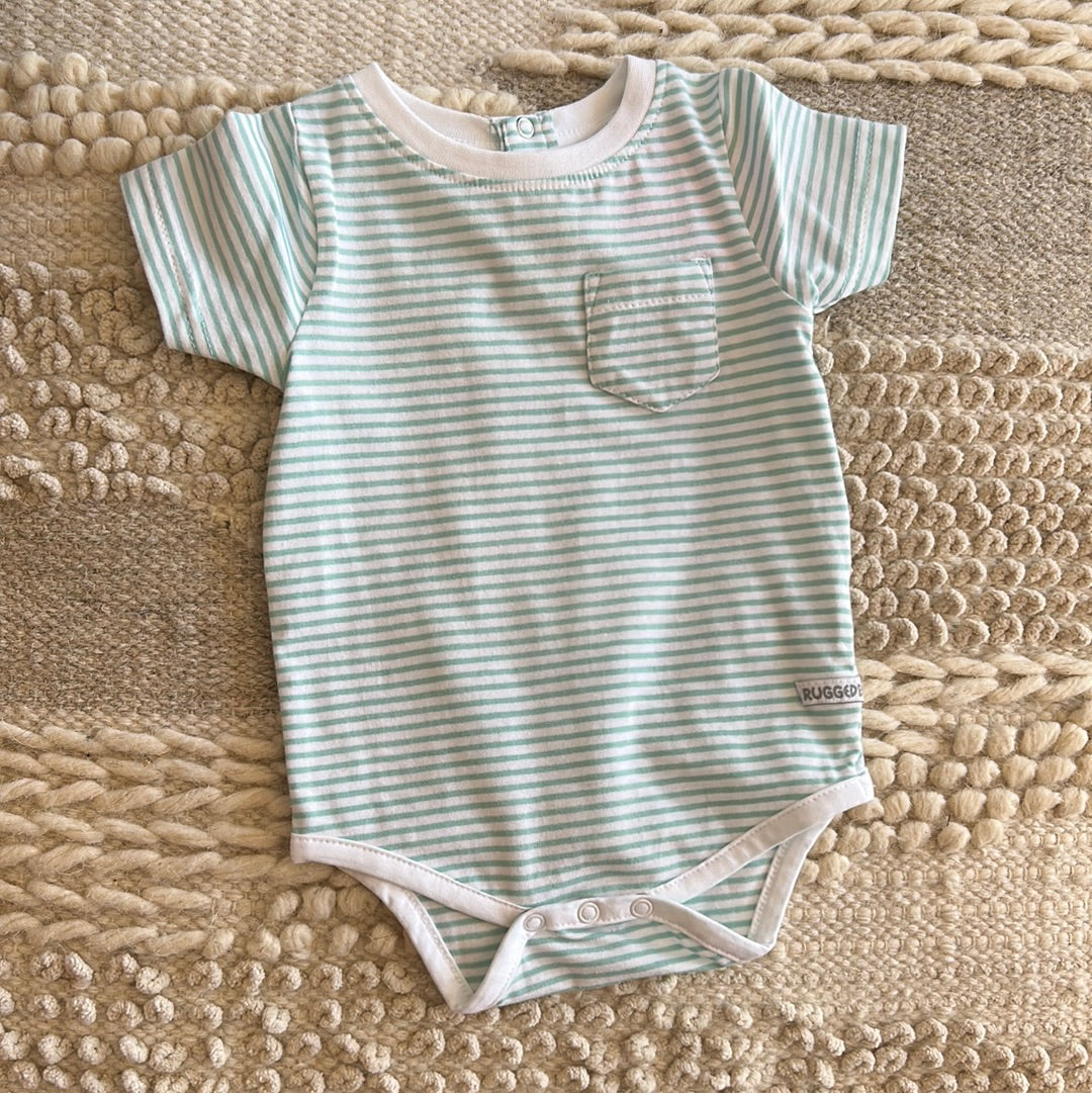 VINTAGE AQUA STRIPE SHORT SLV POCKET BODYSUIT