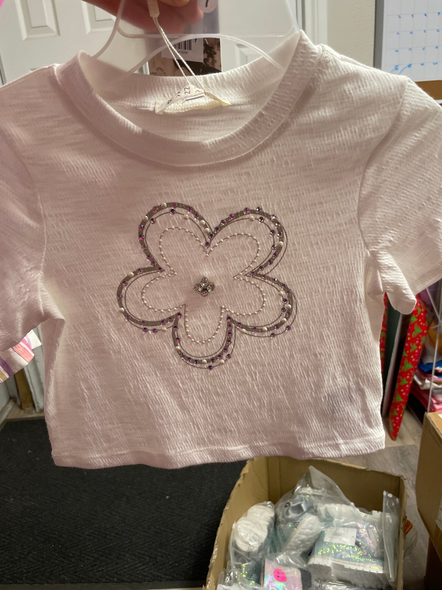 Flower Rhinestone & Pearl Crop Tee