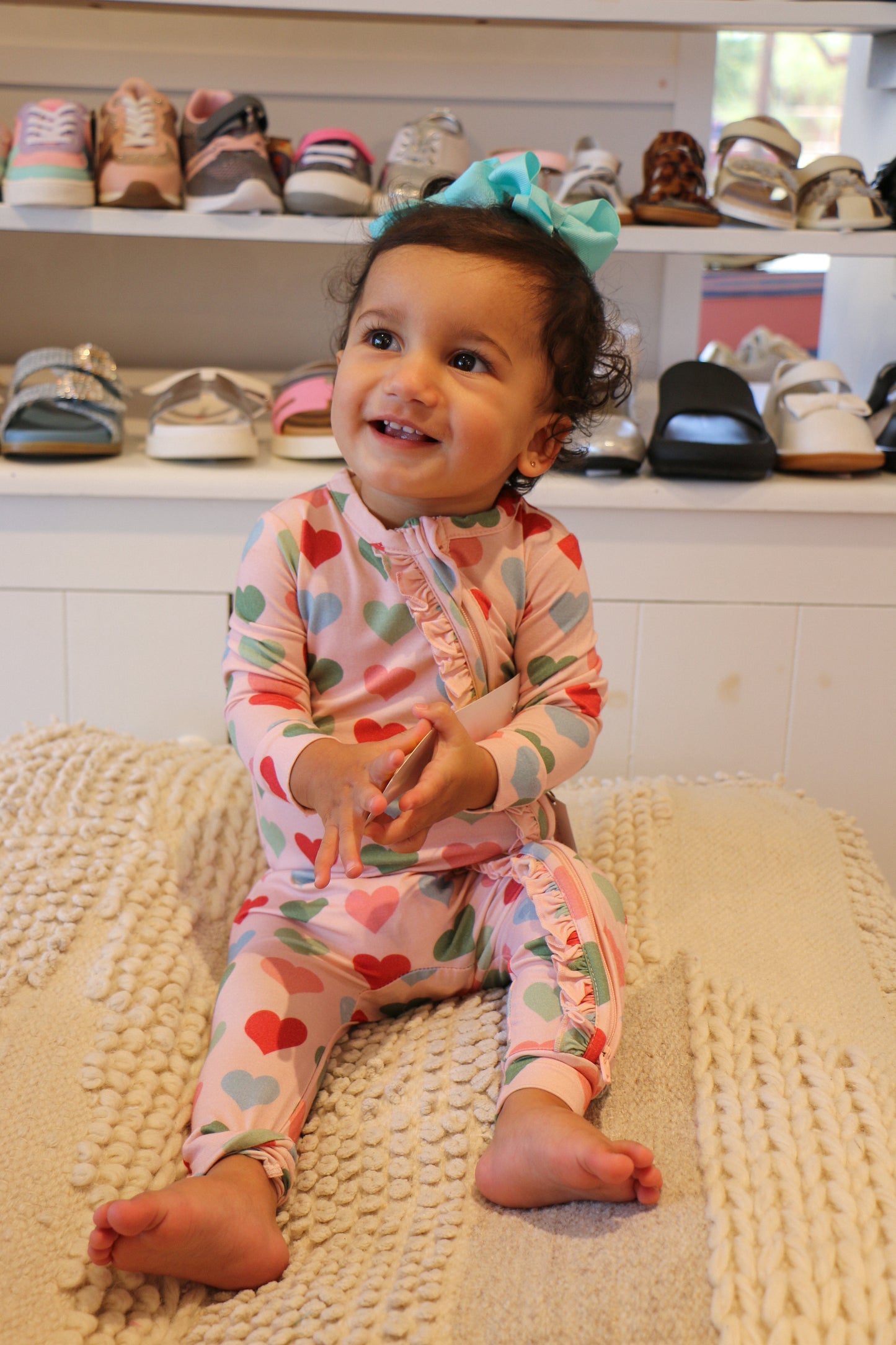 Baby Girls Ruffle Bamboo Romper - Pink Small Hearts