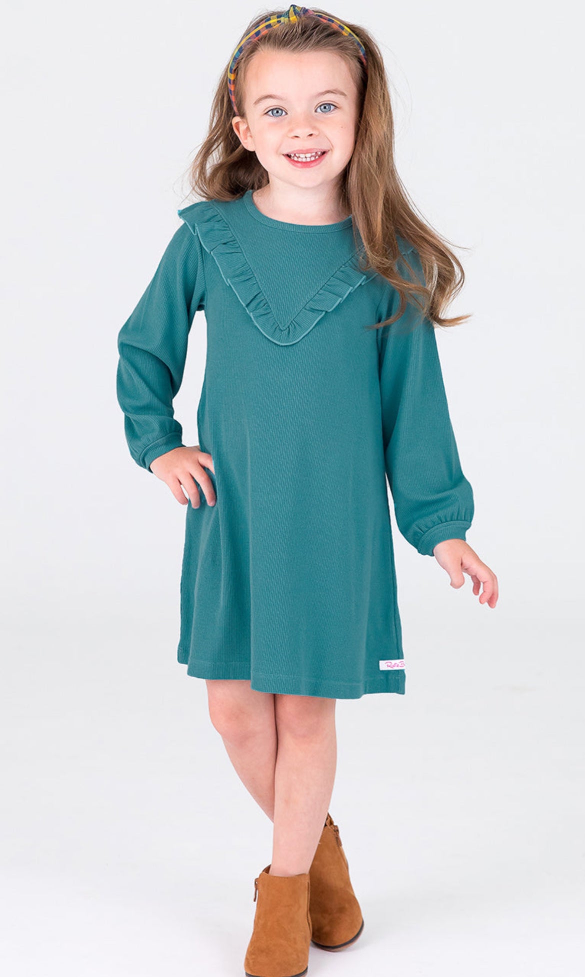 BRITTANY BLUE RIB KNIT LONG SLEEVE V-RUFFLE DRESS