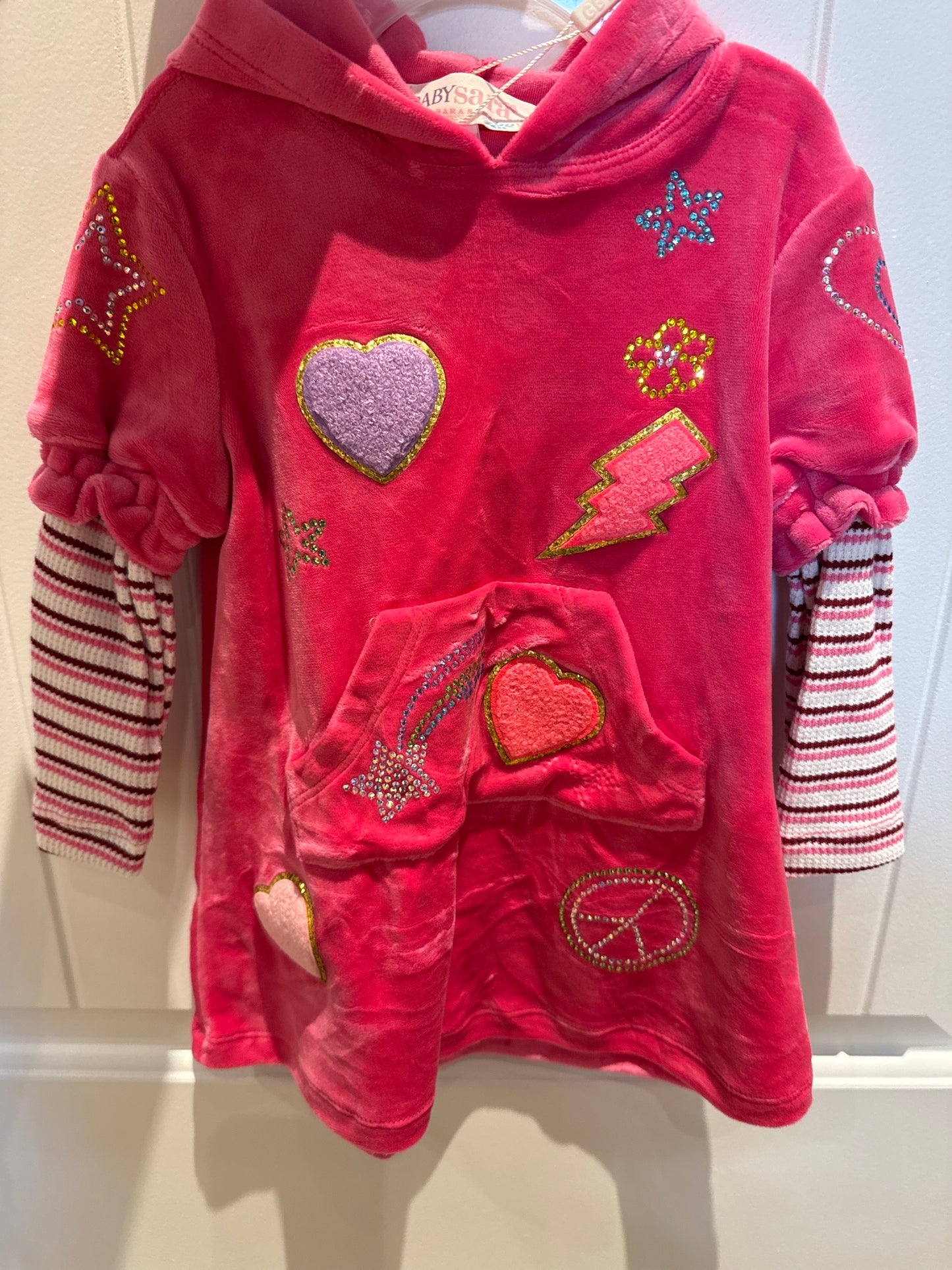 Velour Hoodie Dress w Patch and Rhinestones