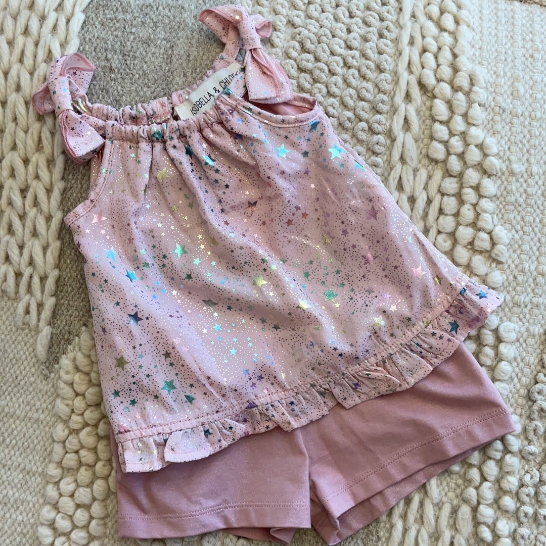 PINK SPARKLE CHIFFON TOP AND KNIT SHORT