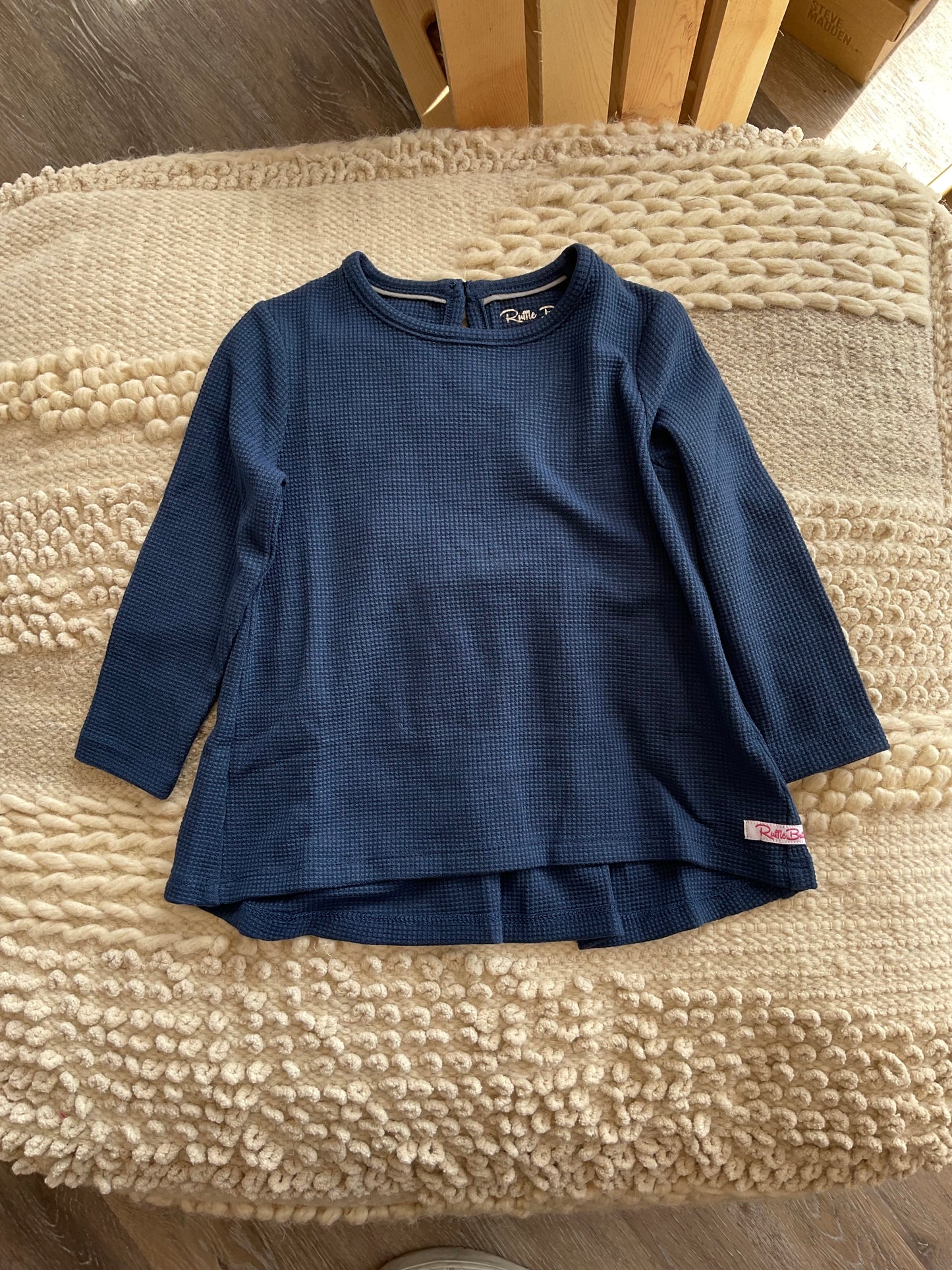 DARK NAVY WAFFLE KNIT LONG SLEEVE BOW BACK TOP