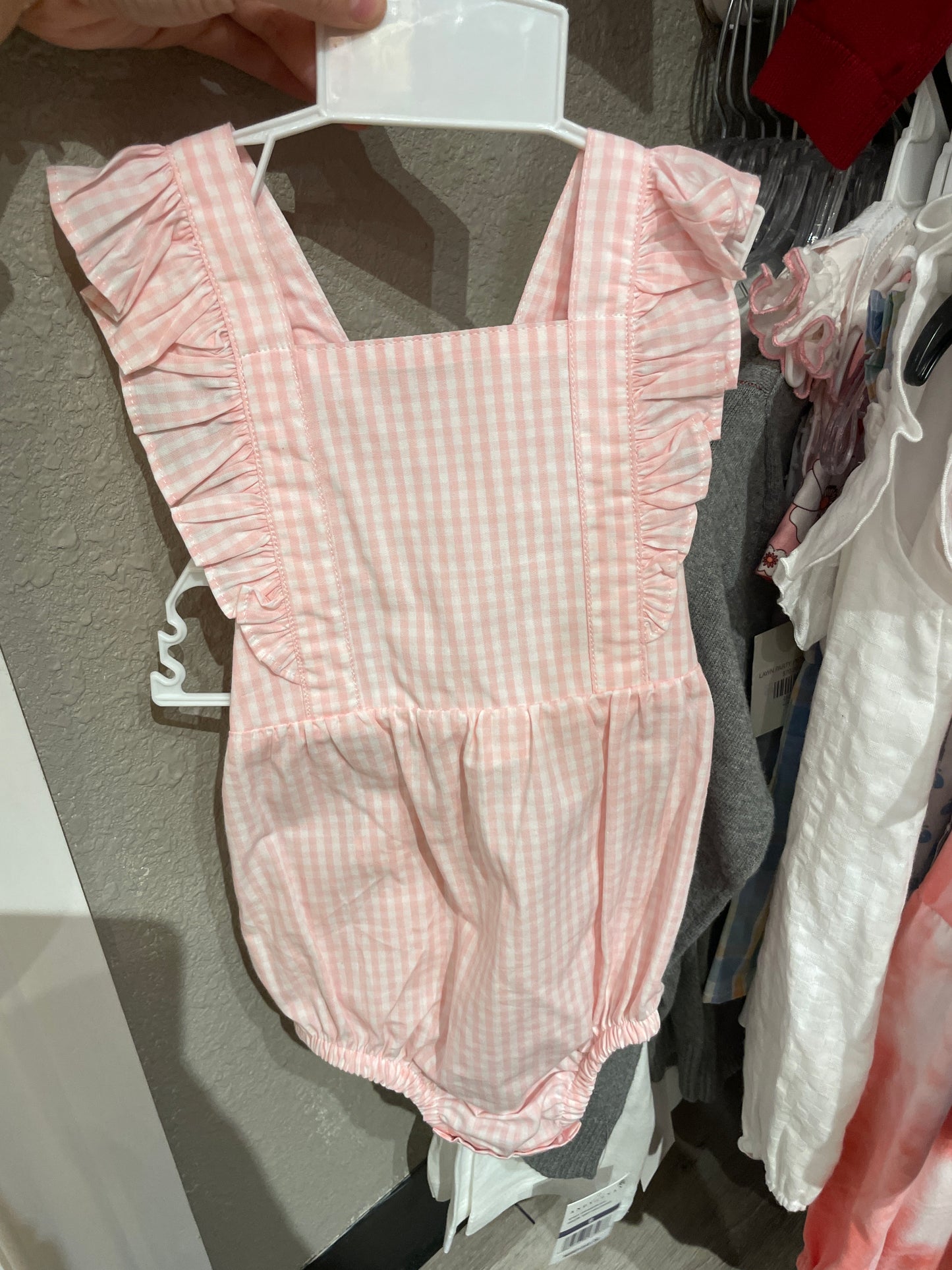Pink Gingham Pinafore Cross-back Woven Romper