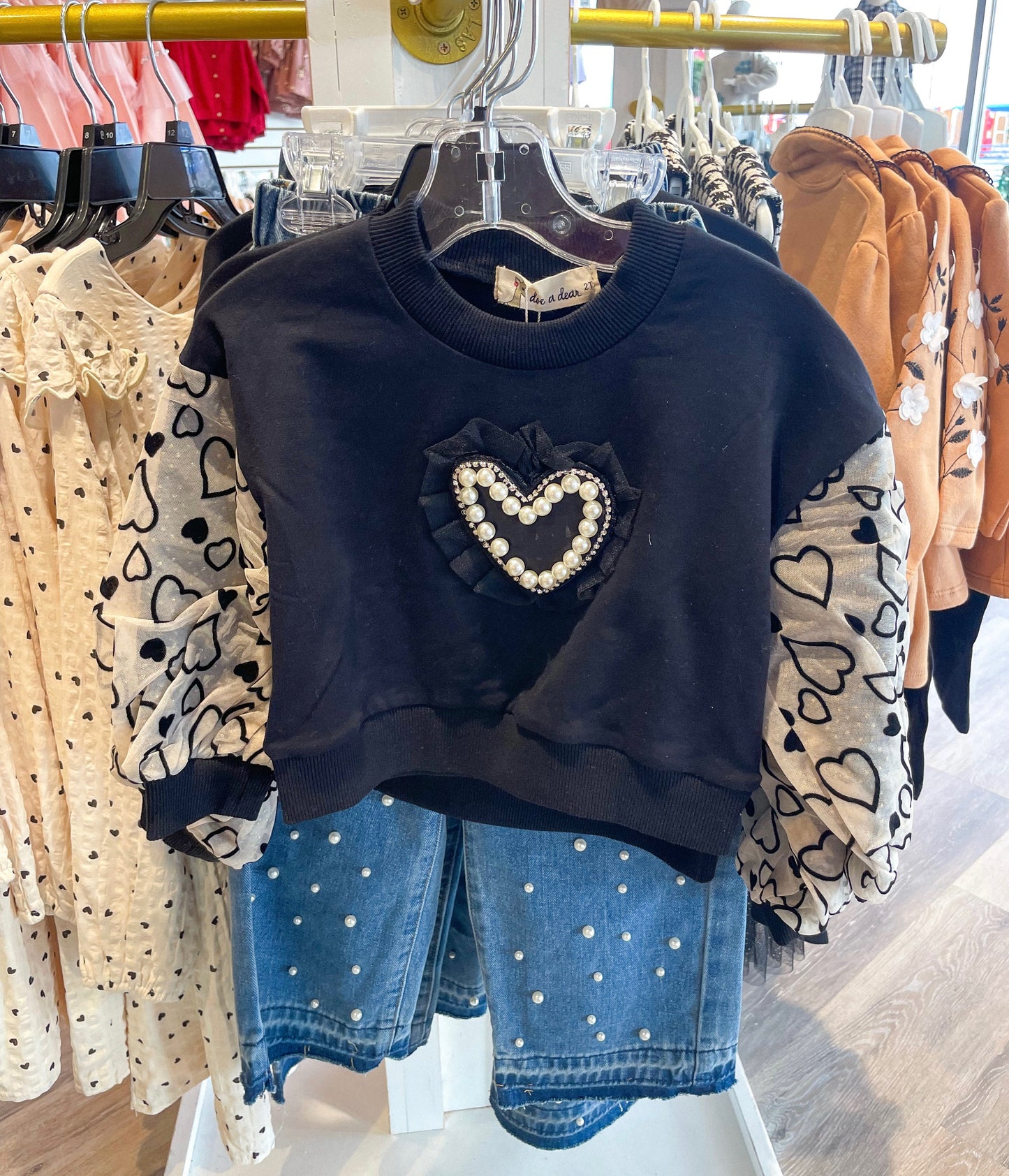 Black/Beige Heart Embellished Mesh Sleeve Sweatshirt