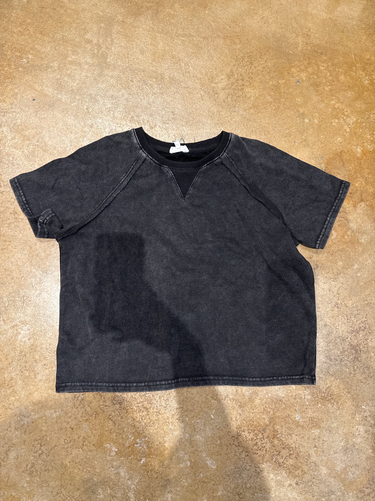 Girls Black Washed Short Sleeve Knit Sweatshirt