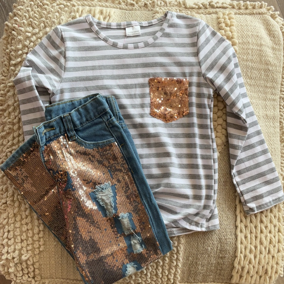 STRIPED SEQUINS JEAN AND SHIRT SET