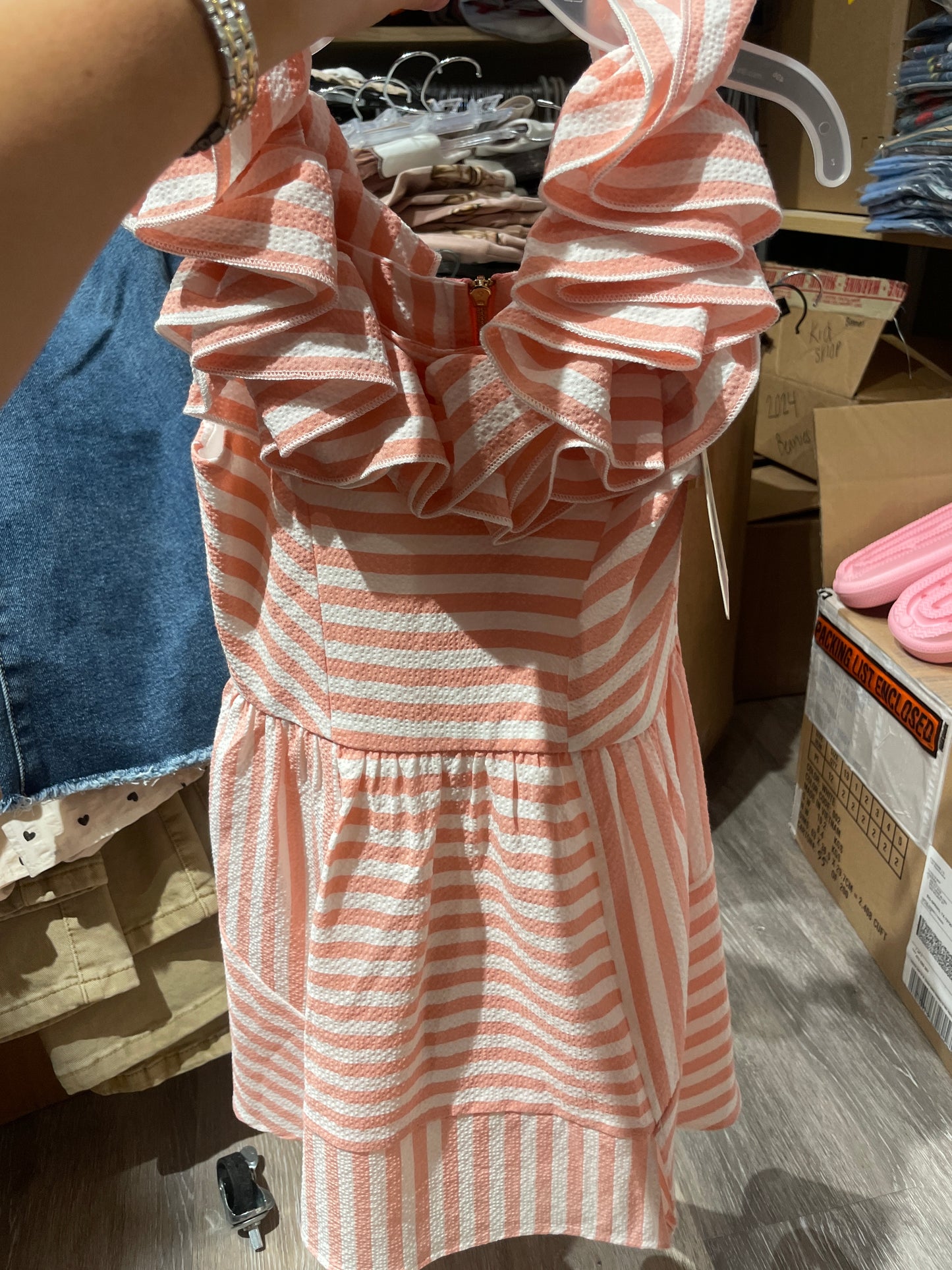 STRIPED MIDI DRESS W/ SHOULDER RUFFLES