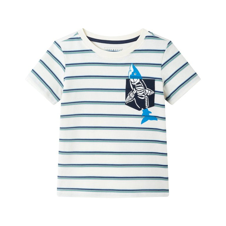 White Striped Shark Pocket Tee w Puff Bones