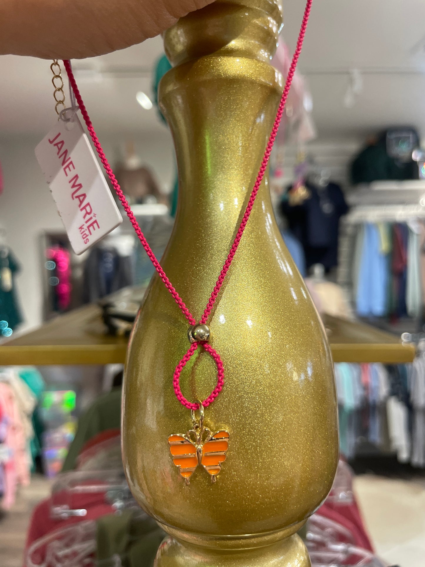 14" Gold Box Chain w/ Hot Pink Rubber Bead and Striped Heart