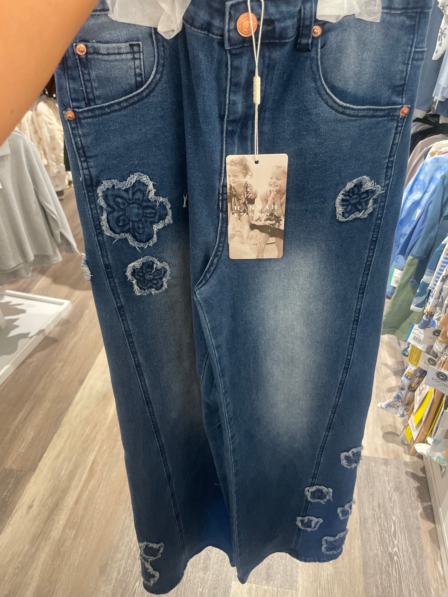 Stonewash Wide Leg Jeans W/ Flower Design