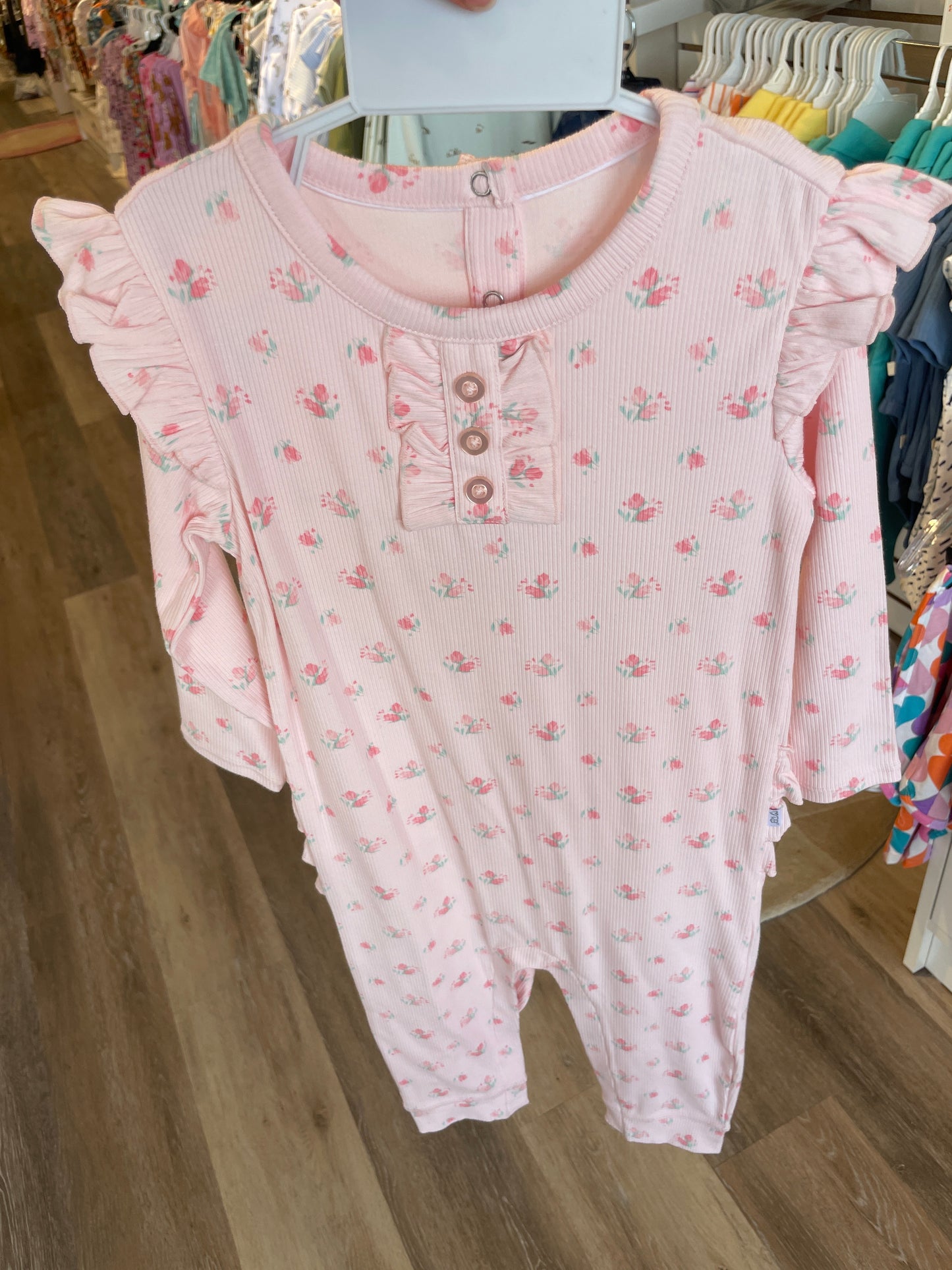 SWEET ROSE RIB KNIT RUFFLE HENLEY JUMPSUIT