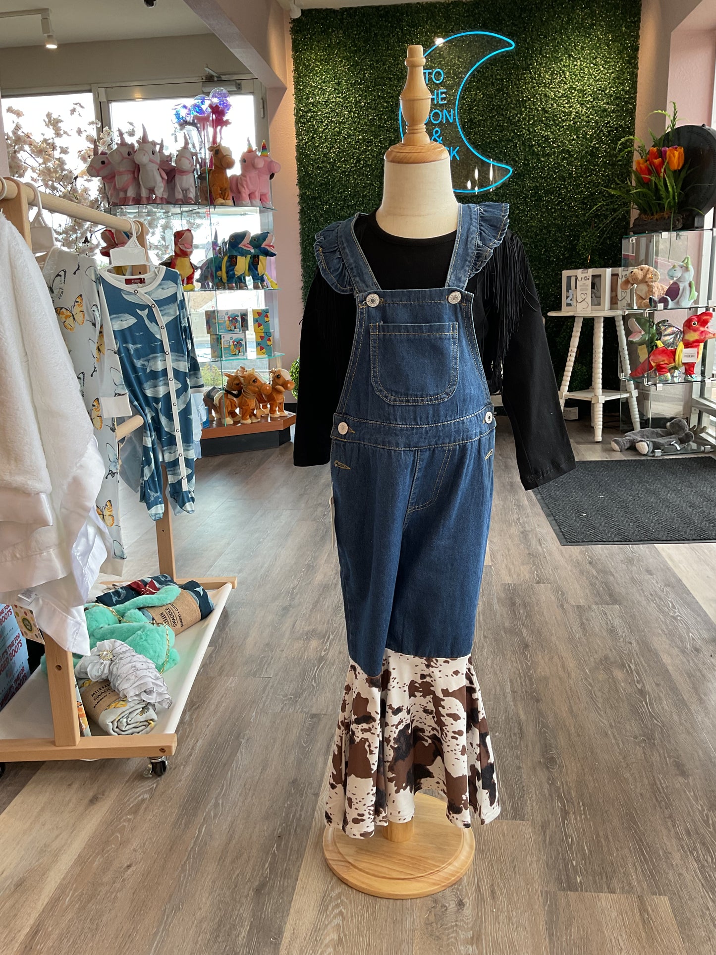 DENIM AND COWPRINT OVERALLS