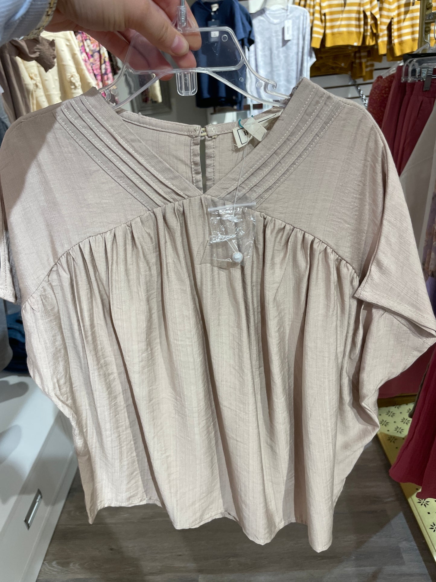Beige Textured Pleated V Neck