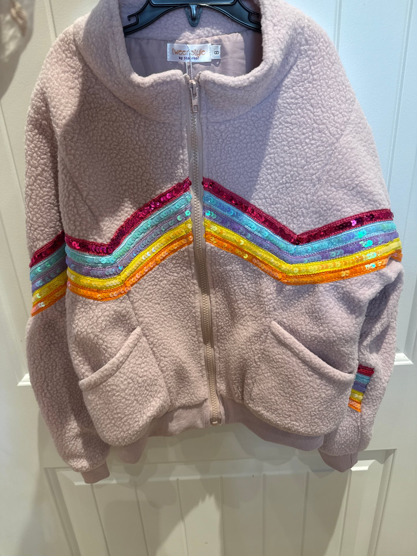 Dusty Pink Sherpa Jacket W/ Sequin Rainbow Trim