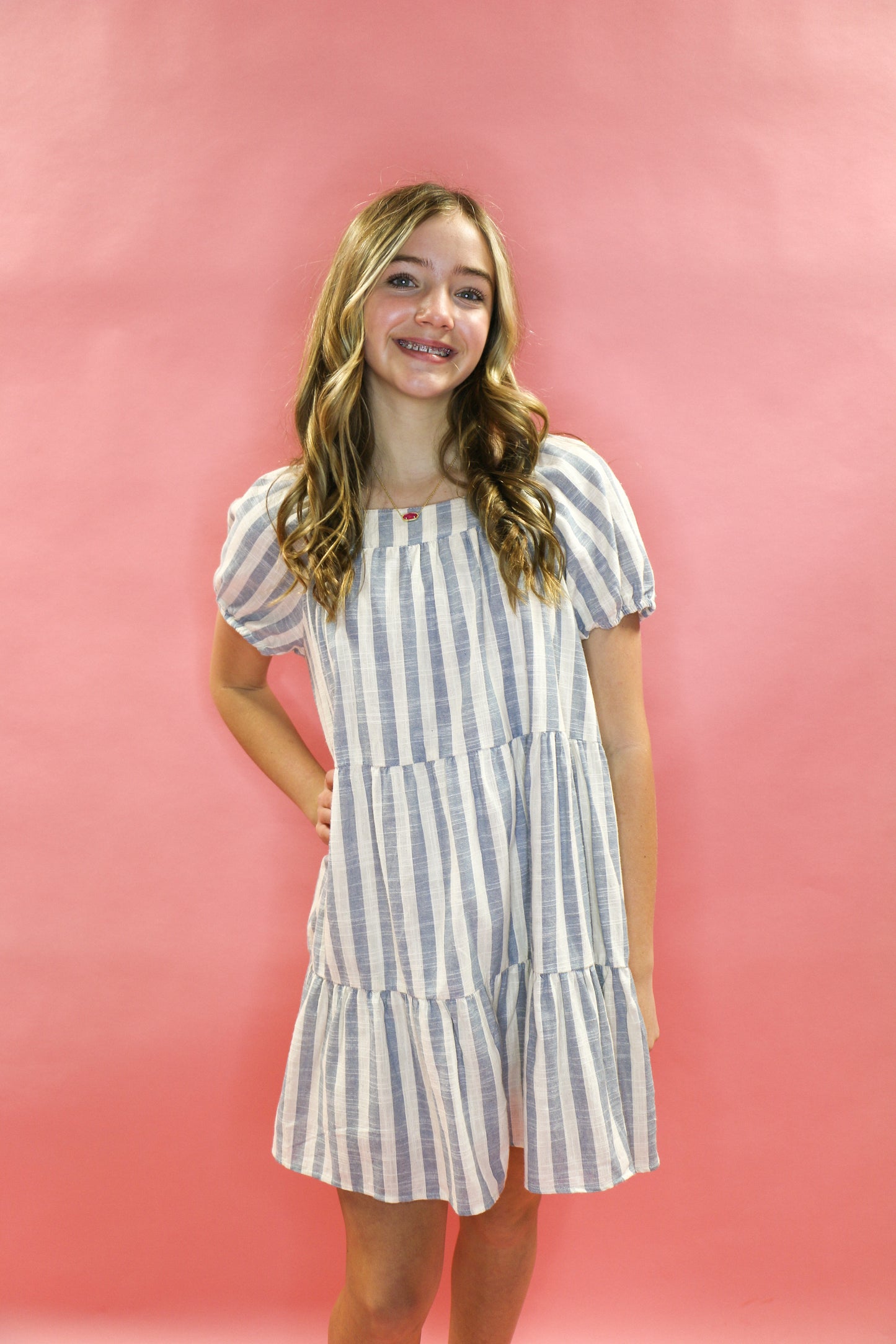 Striped Square Neck Puff Sleeve Tiered Dress