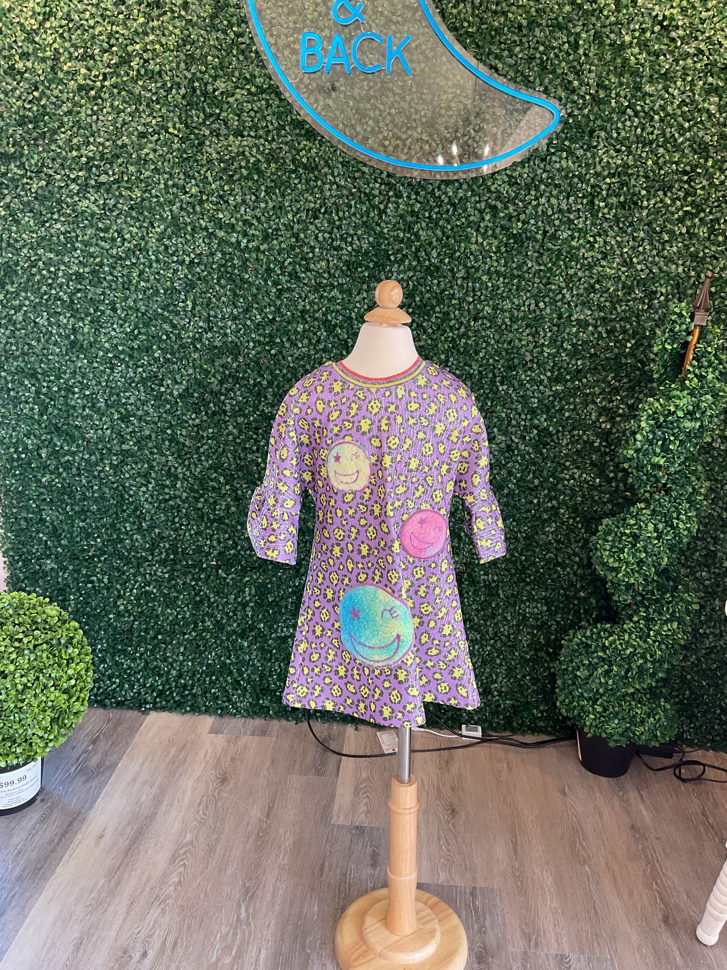 PURPLE LEOPARD DRESS W/ SMILEY FACES