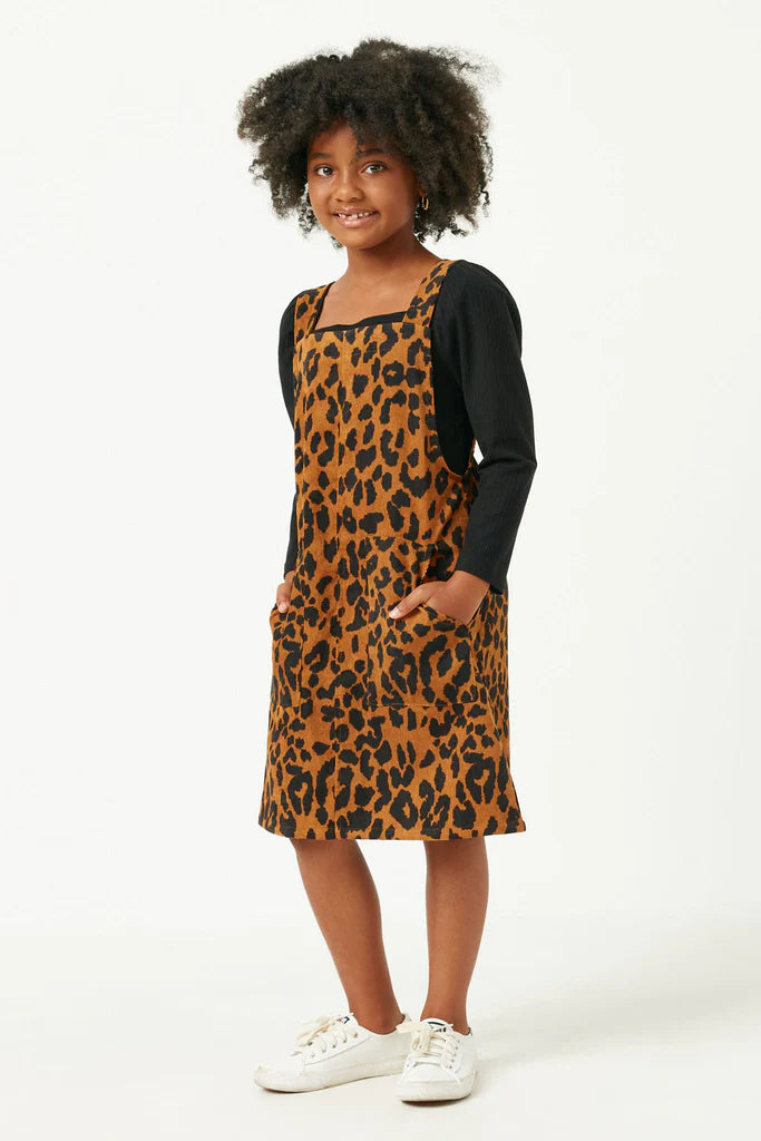 Girl's Brushed Corduroy Leopard Overall Dress