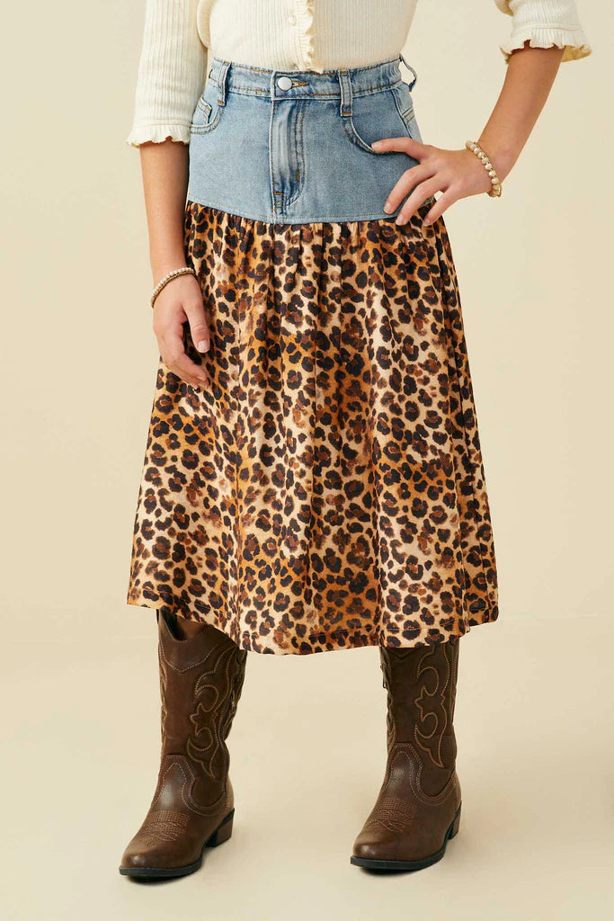 Girls Mix Media Leopard Print Denim Skirt