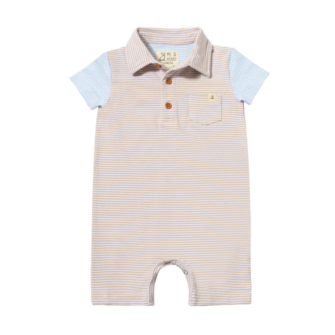 Polo Romper Beige Stripes w/ Sky Stripped Sleeves
