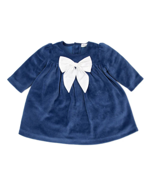 Navy Velour Dress W/ White Bow