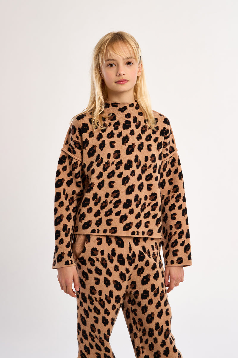 Girls Cheetah Printed Knit Sweater