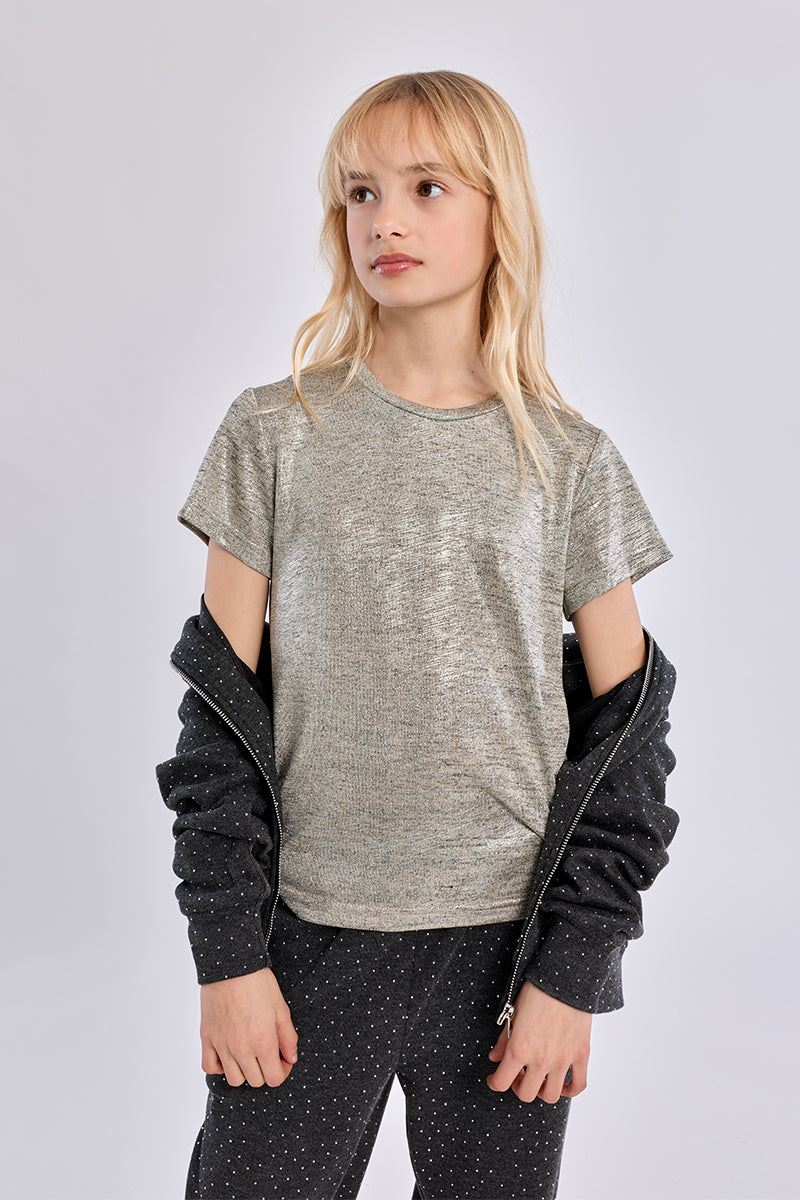 Girls Beige/Silver Knitted Tee
