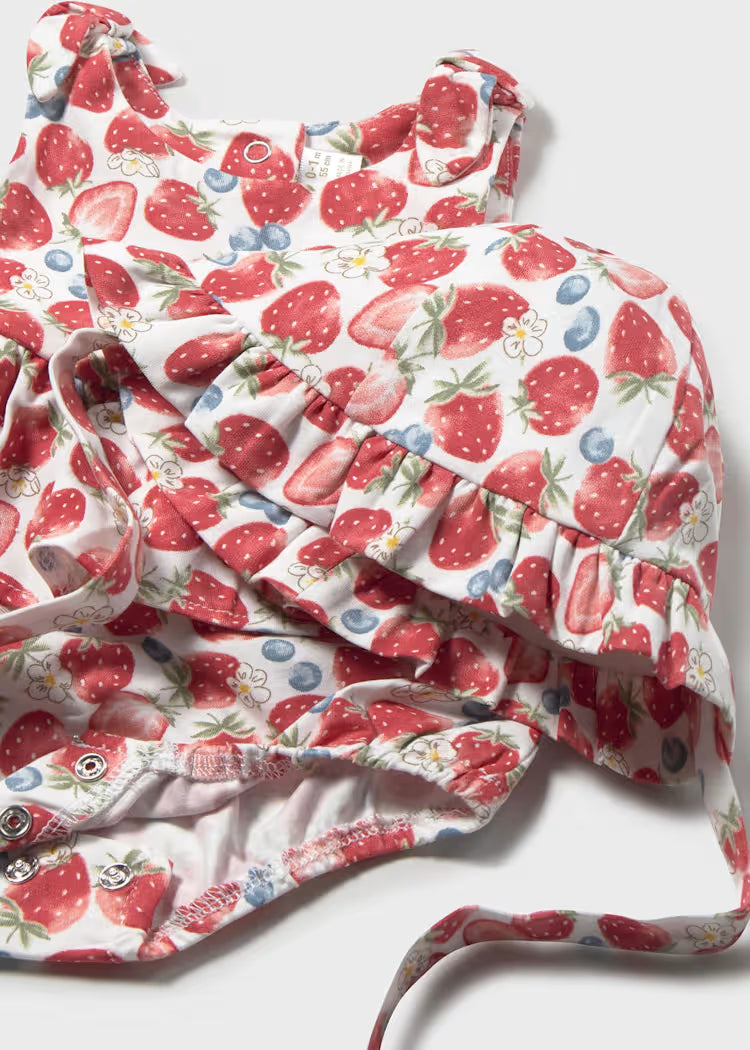 Strawberry Print Romper W/ Hat