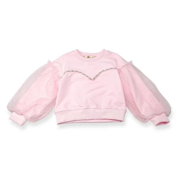Pink Mesh Sleeve Embellished Sweatshirt