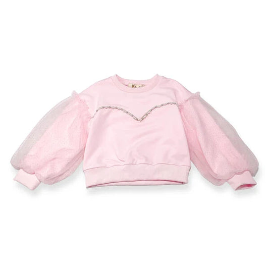 Pink Mesh Sleeve Embellished Sweatshirt