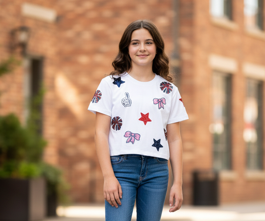 CHEER THINGS PATCHES SS JERSEY WASH CROP TEE