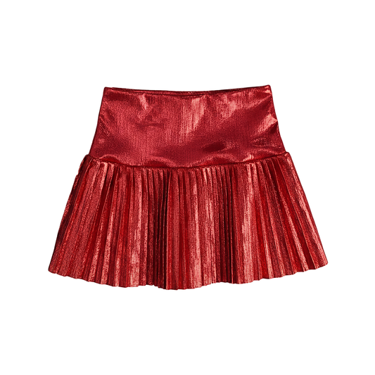 RED METALLIC DROP WAIST PLEATED SKIRT