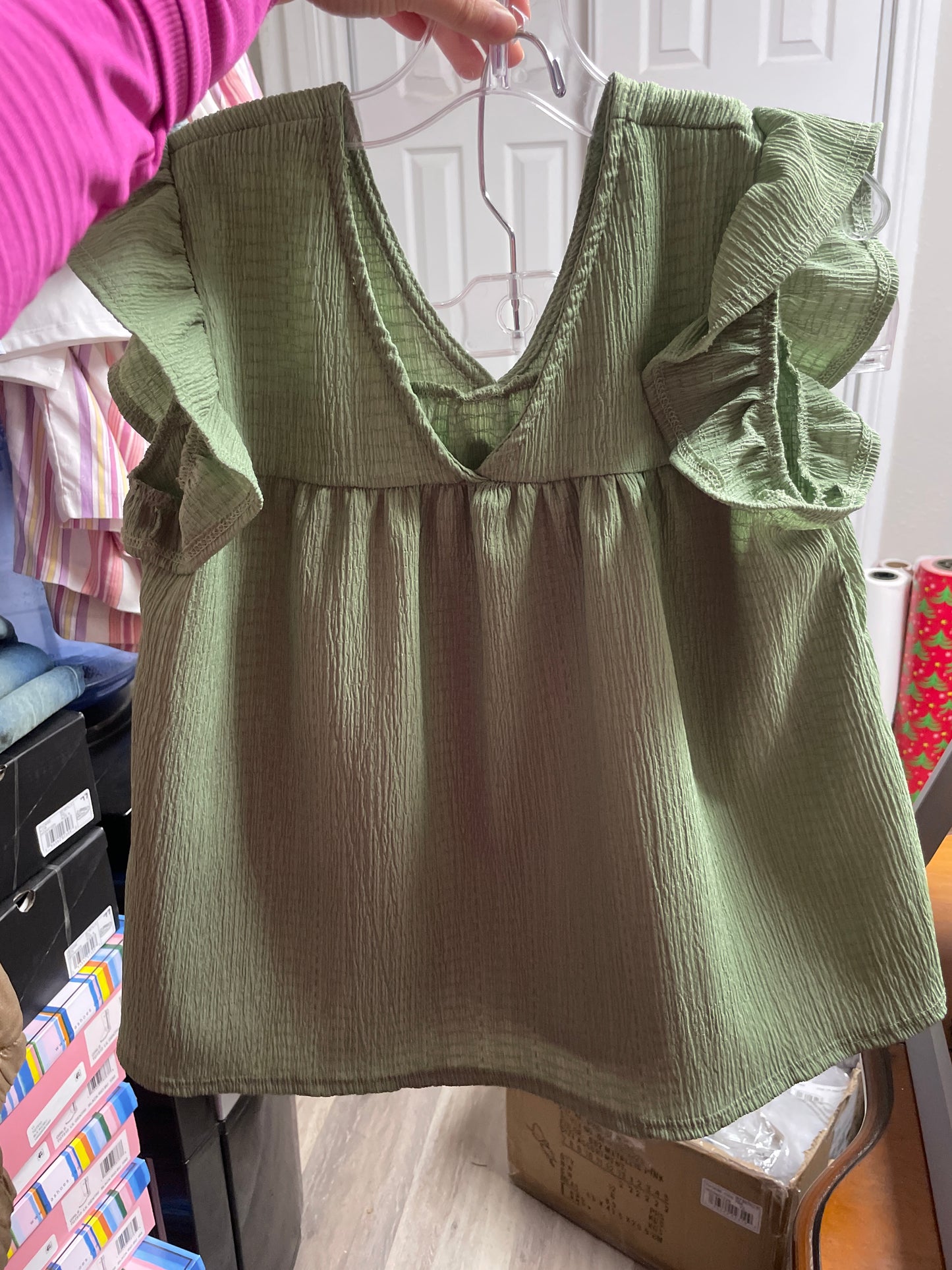 Olive V-Neck Ruffle Crinkle Top