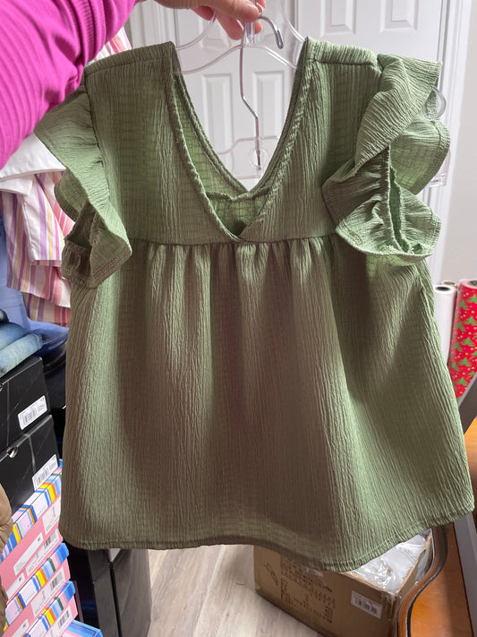 Olive V-Neck Ruffle Crinkle Top
