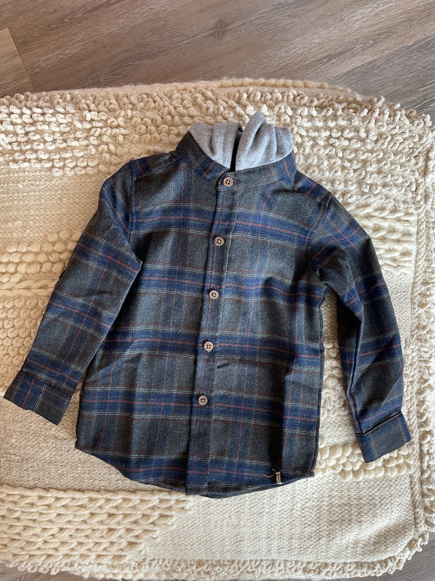 CHARCOAL/BLUE PLAID HOODED WOVEN SHIRT