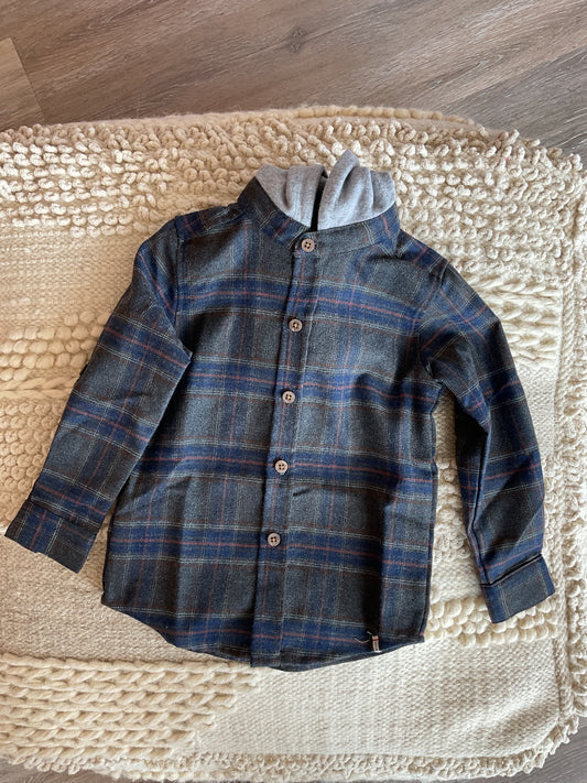 CHARCOAL/BLUE PLAID HOODED WOVEN SHIRT