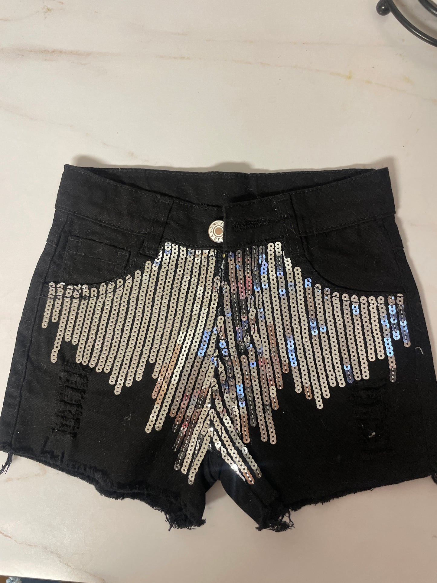 DENIM SEQUIN SHORTS