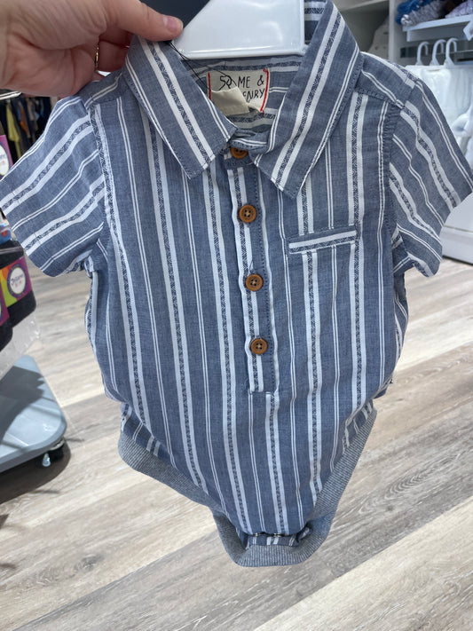 BLUE/WHITE STRIPED WOVEN ONESIE