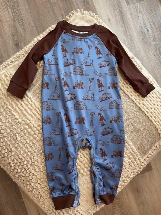Infant Long Sleeve Farm Print Romper