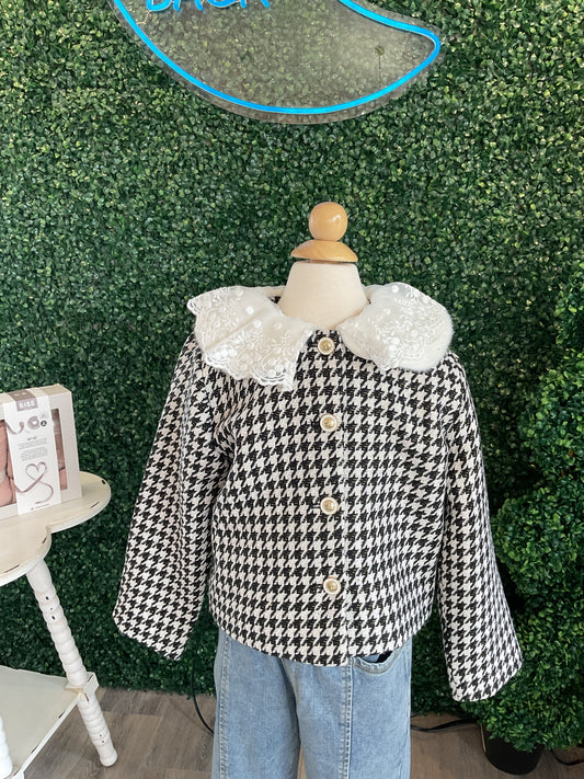 LACE FUR COLLAR HOUNDSTOOTH JACKET