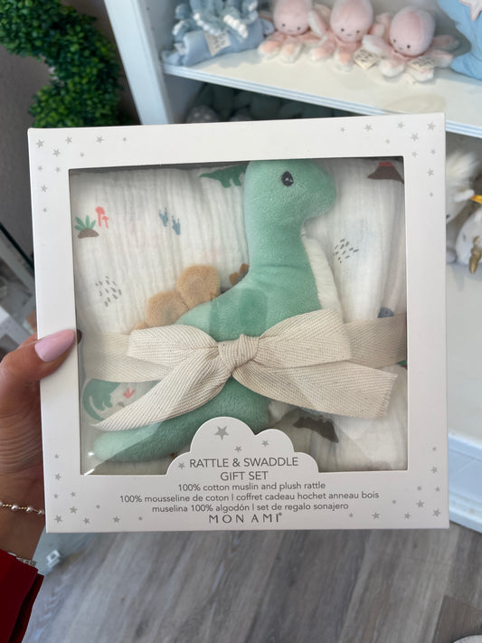 Jurassique Swaddle and Rattle Gift Set