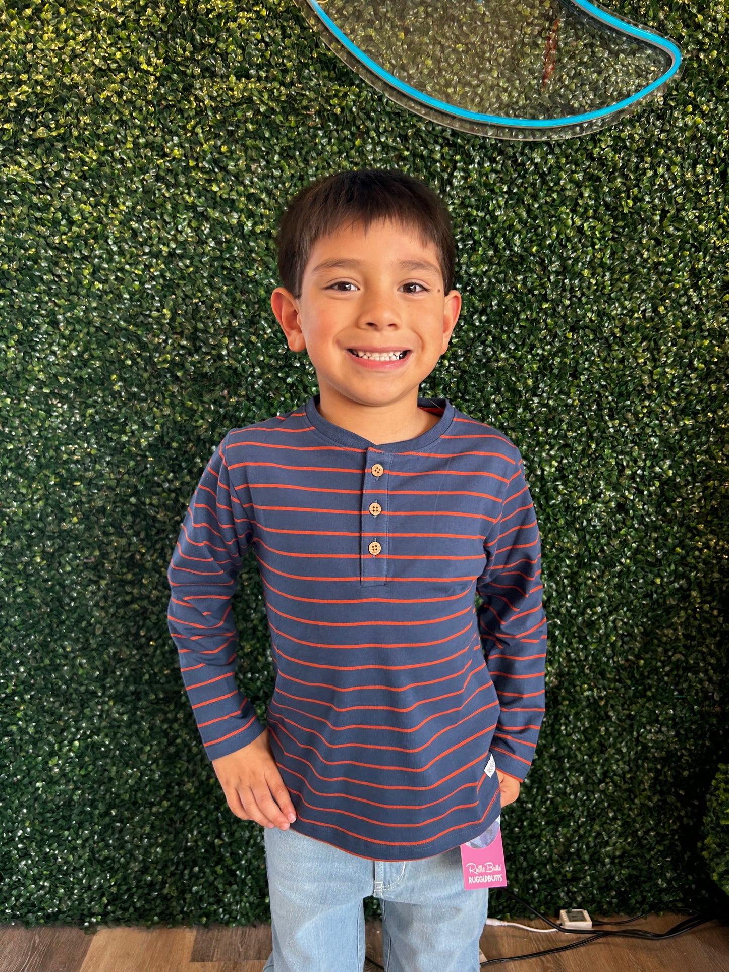 NAVY AND RUST STRIPE KNIT LONG SLEEVE HENLEY TEE